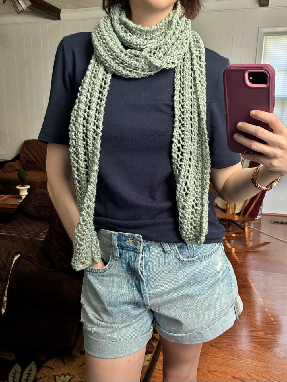 Light Sage openwork Knit Scarf - handmade vegan leather tag